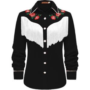 Women's Black Fringe Long Sleeve Floral Embroidered Collared Boho Rodeo Shirts